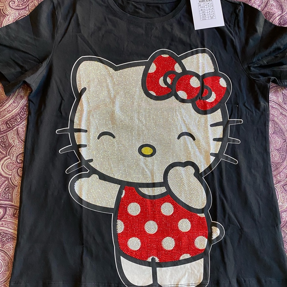 Women top Black Short Sleeve Tee with Red Sequin Bow